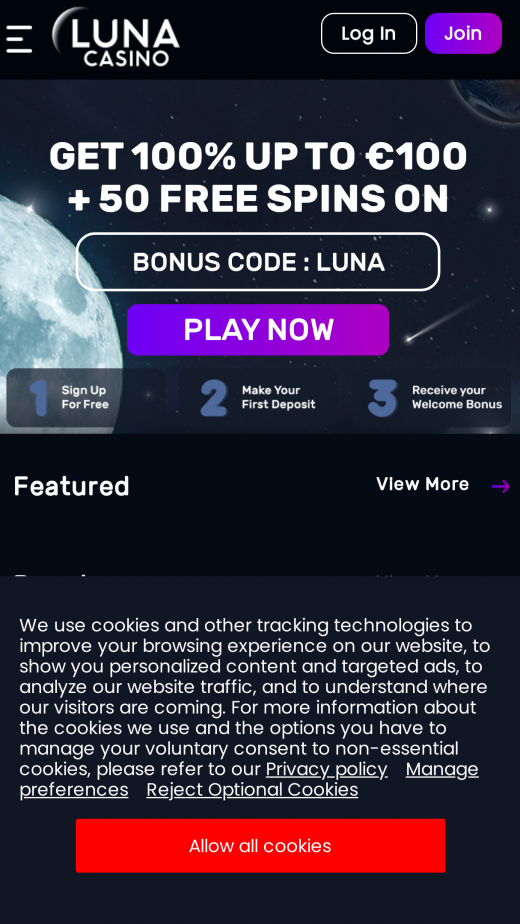 LunaCasino mobil screenshots