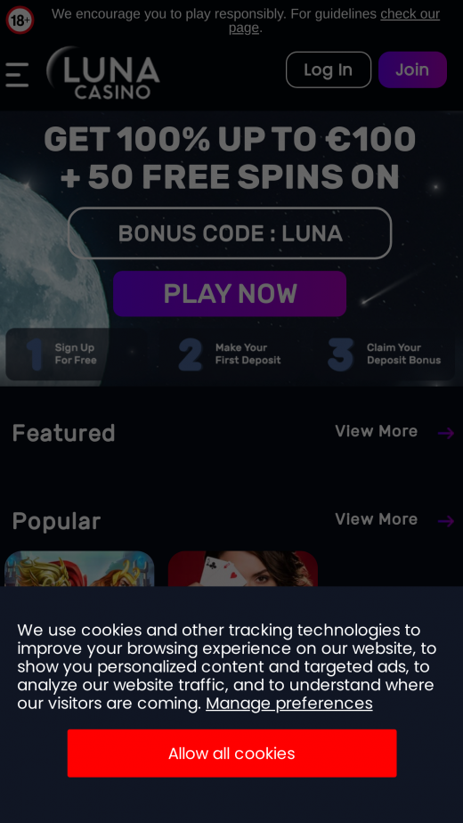 LunaCasino mobil screenshots