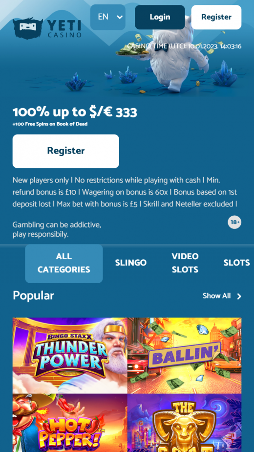 Yeti Casino mobil screenshots