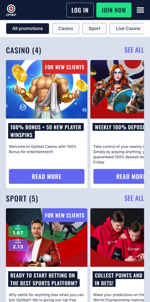 Optibet Casino mobil screenshots