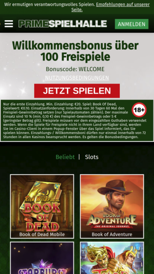 PrimeCasino mobil screenshots